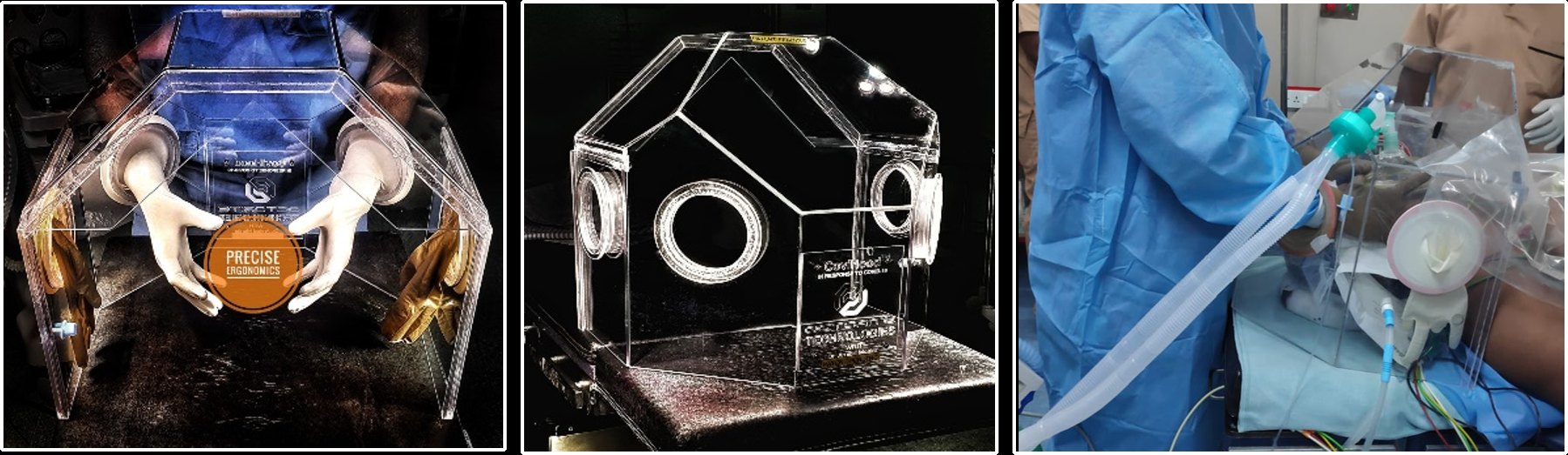 COVIHOOD: a clear acrylic hood with glove ports, shown in close-up and in use over a patient in an operating theatre